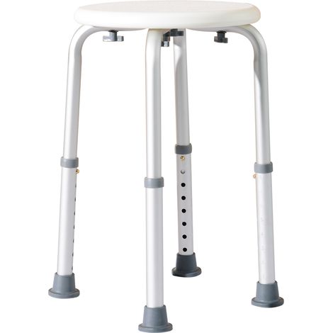 Tabouret de douche pivotant à 360° avec pieds antidérapants et réglage en hauteur sur 8 niveaux, en aluminium et PE, 32,5 x 41 x 35,5-54 cm, blanc (1/5)
