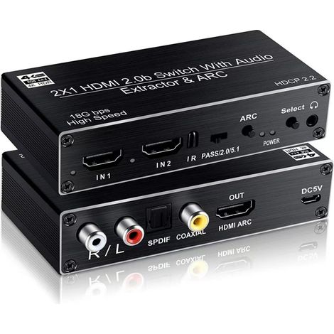 Commutateur HDMI 2 en 1 avec extracteur audio, sortie SPDIF optique et RCA 4K 60Hz ARC