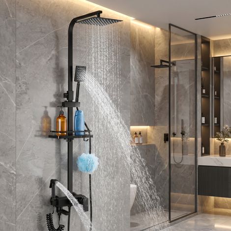 Duschsäule 4 in 1 im modernen Stil, höhenverstellbar 65–105 cm – matt schwarzes Duschset mit Mischbatterie, Ablage, quadratischer Kopfbrause, Handbrause und Sprühpistole – für Bad und Badewanne