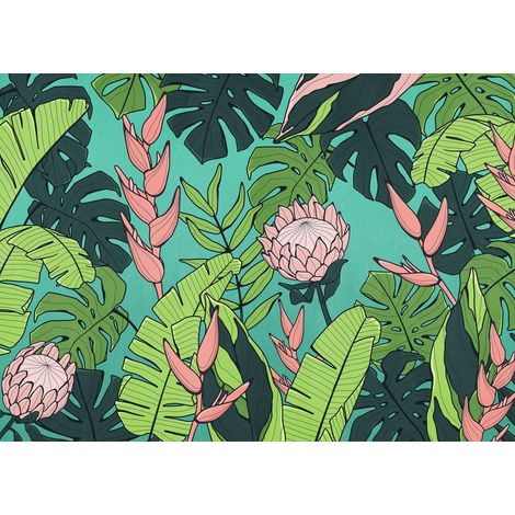 papier peint panoramique feuilles et fleurs tropicales vert et rose - Komar (1/3)