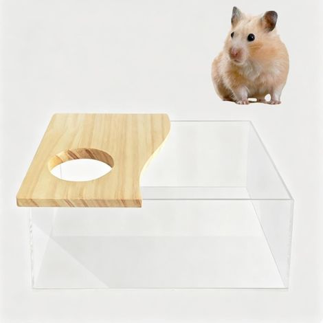 Bac à Sable Hamster 20x15x8 cm – Couvercle Bois Naturel Bac à Sable en Acrylique, Couvercle en Bois Naturel, Facile à Nettoyer, pour Hamsters, Gerbilles et Autres Rongeurs (1/5)