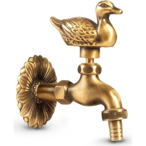 Robinet "Canard" , 1/2", Effet laiton patiné, longue distance au mur, grande rosace murale (1/5)
