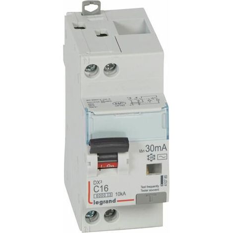 Disjoncteur différentiel monobloc DX³6000 10kA arrivée haute et départ bas à vis U+N 230V - 16A - typeAC 30mA - LEGRAND