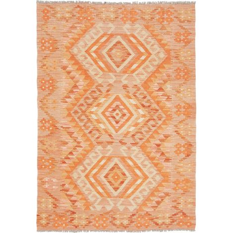 Tapis kilim 103 x 148 cm, géométrique, orange, beige et rouge, en laine naturelle, tissé plat, style ethnique (1/5)