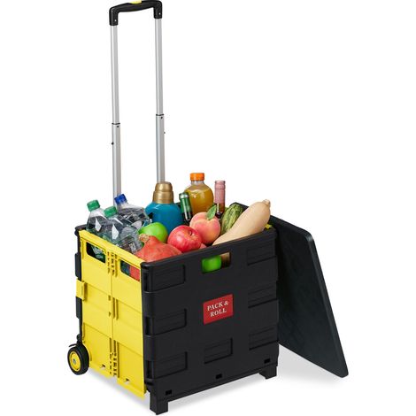Relaxdays Shopping Trolley, Foldable, Up to 35 kg, 50 L, with Telescopic Handle, Transport Cart, 2 wheels, Yellow/Black