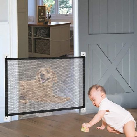Barrière de sécurité pour chien et bébé, porte pliante extensible, grille de protection animale, large 110 cm, noir, séparation intérieure pour animaux et enfants, clôture escamotable (1/5)