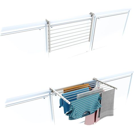 Étendoir de balcon rabattable, séchoir à linge pour rambarde extérieur résistant Foxydry Duo, pour terrasses, balcons et rampes - Blanc 82 cm