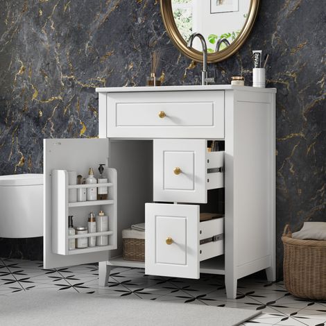 Mueble de lavabo independiente de 61 cm, color blanco, con lavabo de cerámica, tiradores dorados, cajón abatible, cajones, estante en el lateral de la puerta y espacio de almacenamiento bajo el lavabo (1/5)