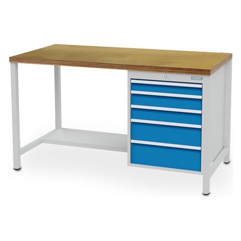 Kastenwerkbank Breite 1500 mm, R18-24, 5 x Schublade, Stahlfachboden halbe Tiefe Maße in mm (BxTxH): 1500 x 750 x 859 (1/4)