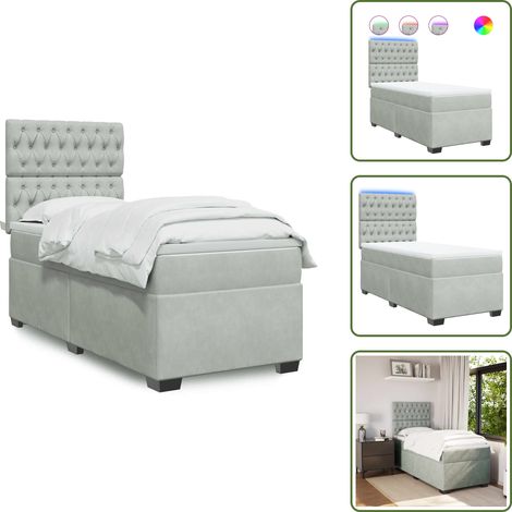 The Living Store Boxspringbett mit Matratze Hellgrau 80x200 cm Samt - Boxspringbett - Samtbett - LED Beleuchtung - Höhenverstellbares Kopfteil - Matratzenauflage