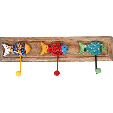 Appendiabiti colorato a forma di pesce con 3 pomelli in legno e ceramica (1/5)