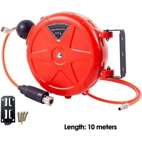 Enrouleur de tuyau rétractable 10m pour compresseur d'air avec support mural rotatif et raccord rapide flexible 180° (1/5)