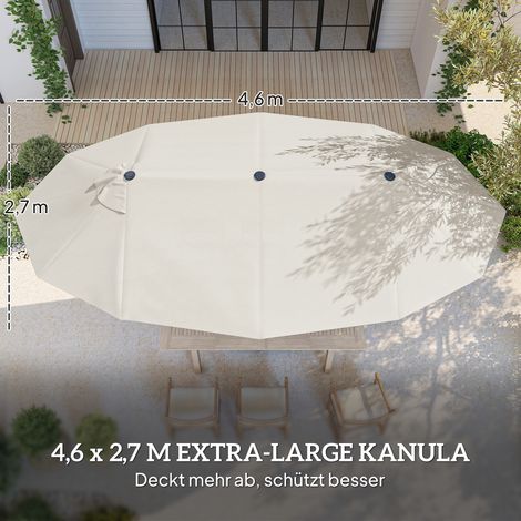 Parasol double 455x265 cm anti-UV, manivelle incluse, pied, store de terrasse, ombrière de plage, voile d’extérieur, résistant au vent, protection solaire pour balcon, jardin, blanc crème.