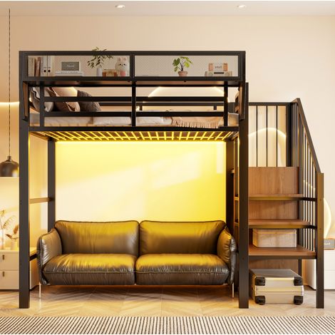 Cama alta 90/200 cm de metal negro con LED, escalera de seguridad y estante flexible (1/5)