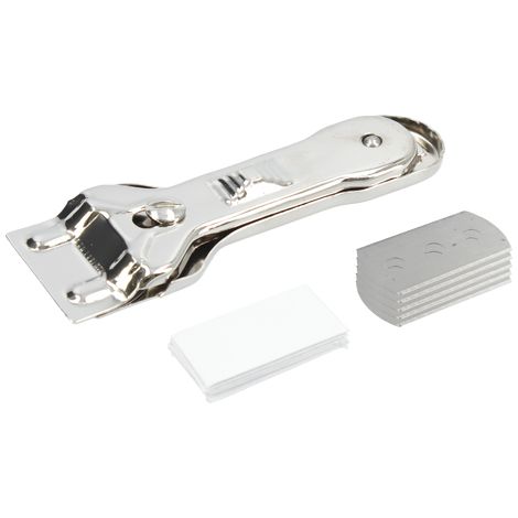 Ferrestock FSKRK405 Rascavidrio fabricado en acero inoxidable con cuchilla doble de 39mm y 5 hojas de recambio, cuchilla resistente ideal para vitrocerámicas y todo tipo de cristales (1/4)