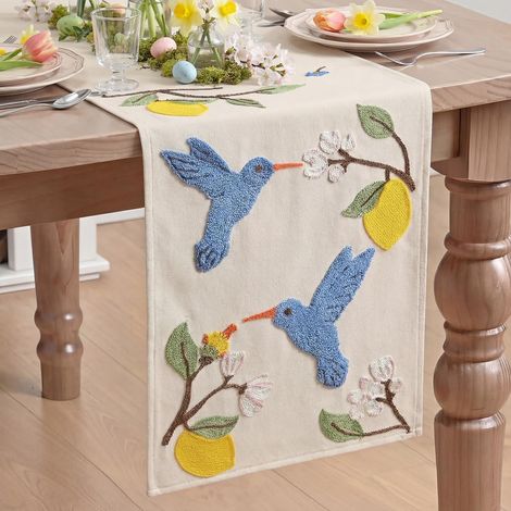 Chemin de table doux avec broderie de chaîne bleue oiseaux citron printemps 33x183 cm, été cuisine décoration de table vacances fête décor (1/5)
