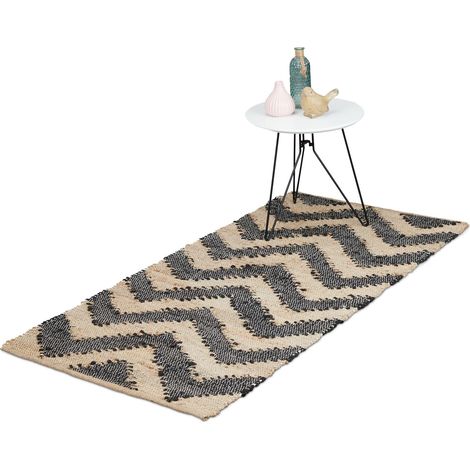 Relaxdays Läufer, Zick-Zack, 70 x 140 cm, Baumwolle & Jute, rutschfest, handgewebt, Diele & Flur, Teppich, beige-schwarz