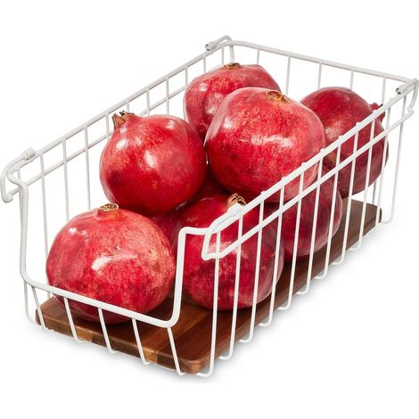 panier métal avec poignées, panier de rangement avec ouverture frontale, boîte rangement cuisine garde-manger en métal et bois d'acacia, blanc et couleur nature (1/5)