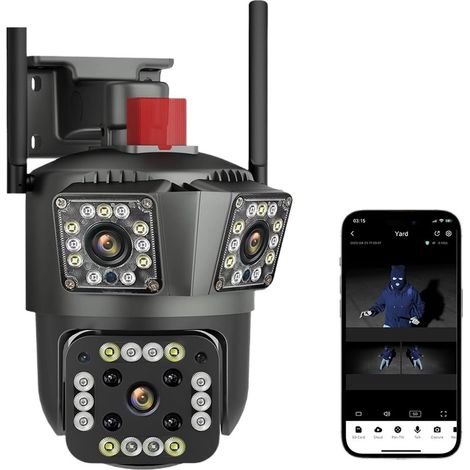 Caméra de sécurité à Domicile Caméra IP extérieure 5K 9MP UHD 6K 12MP, Zoom Optique 10X, Suivi Automatique, PTZ, Quatre objectifs, Trois écrans, caméra de sécurité étanche(9MP add 32G) (1/5)