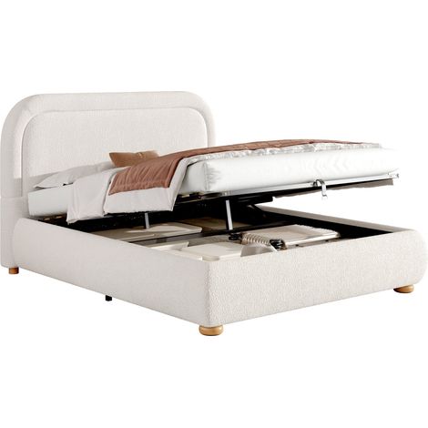 Lit coffre 160x200 cm, lit double, lit fonctionnel hydraulique, lit avec sommier à lattes, tête de lit et grand coffre de rangement, tête de lit rembourrée, Blanc Bouclette