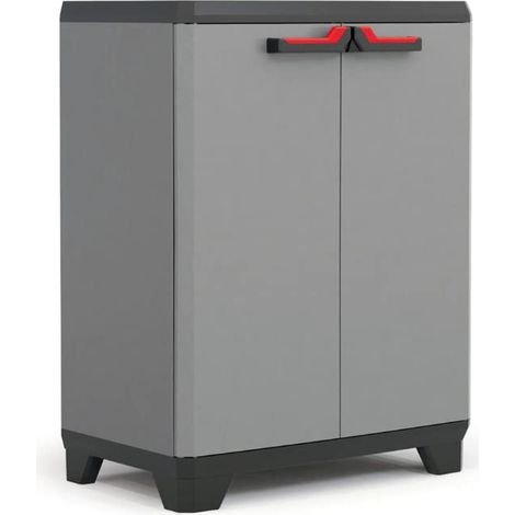 Armoire Basse STILO - Armoire de Rangement Verrouillable - Étagère et Pieds Ajustables, Poignée Soft Touch - Cuisine, Garage, Atelier, Placard - 68 x 39 x 90 cm - Gris/Noir/Rouge (1/5)