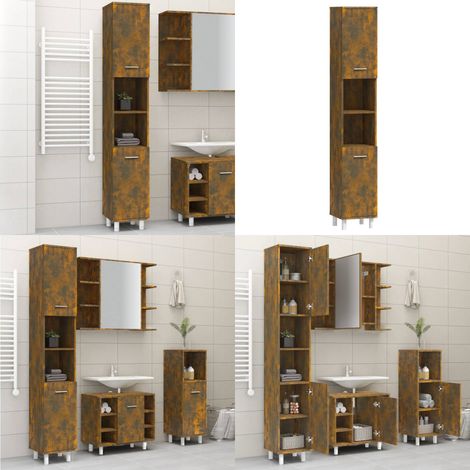 Armoire de bain Chêne fumé 30x30x179 cm Bois d'ingénierie - Armoire De Salle De Bain - Meuble Salle De Bain - Rangement Salle De Bain - Commode Salle De Bain - Design Moderne - Home & Living