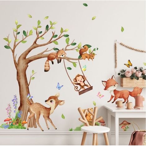 Stickers Muraux Animaux Forêt Arbre Autocollant Mural Écureuil Cerf Renard Singe Décoration Murale Chambre Enfants Bébé Pépinière (1/5)