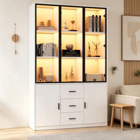 Vitrina de vidrio con LED, aparador alto blanco 120x30x200 cm, 3 cajones y 5 puertas, OKWISH (1/5)