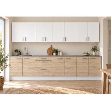 Küchenzeile 300 cm, 9 Schränke, Sonoma/Weiß, ohne Arbeitsplatte (1/3)