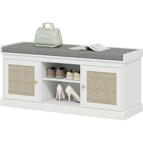 Meuble à chaussures avec portes en rotin 105x35x47 cm blanc