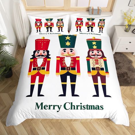 Housse de Couette Enfant Joyeux Noël, Parure de Lit 220x240 Adulte Casse-Noisettes de Noël, Sets de Housses de Couettes Noël, Couvre Lit Casse-Noisettes en Dessin Animé, 3 Pièces - 220x240cm + 2 Taies (1/5)