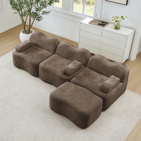 Divano angolare modulare 3 posti con 1 pouf, schiuma 32D, velluto marrone DESVIAE (1/5)