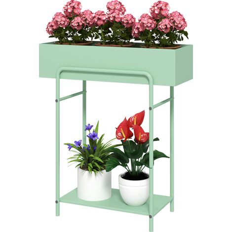 2 Tier Plant Stand, Metal Plant Rack Shelf with Drain Holes, Floor-standing Flower Pot Stfor Indoor Outdoor Garden Patio Balcony Living Room, Green (1/5)