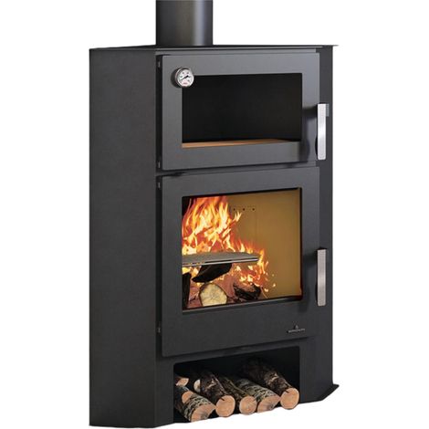 Bronpi – Poêle à bois d'angle avec four 9 kW – Foyer en vermiculite – Triple combustion – Four en brique réfractaire – Dimensions L 770 x H 1036 x P 523 mm
