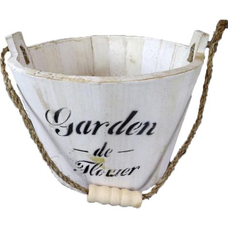 Grande secchio in legno, bianco con stampa nera e manico in corda, 15x20 cm (1/2)