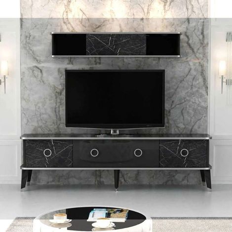 Porta tv con pensile Bientv 180 effetto marmo nero particolari argento (1/5)