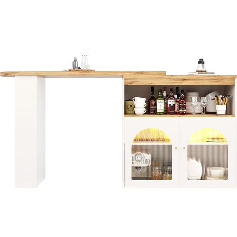 ELVMI Bartisch mit 3 Ablagen und LED, 360° drehbar und ausziehbar für Esszimmer, aus MDF, 138-193×39×105 cm, Weiß (1/5)