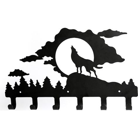 Déco Murale Patère Portemanteau Porte Manteau Murale Noir Crochet Déco Murale Métal Accroche Clef Porte Acier Organisateur Hanger Keys (A Wolf) (1/4)