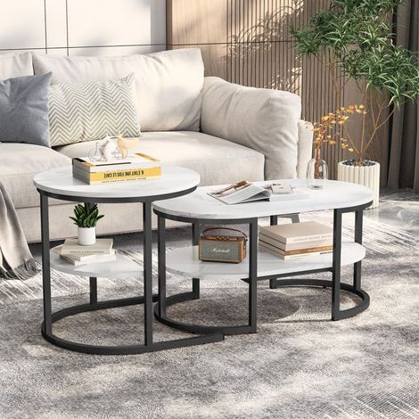Couchtisch, Set aus 2 Wohnzimmertische mit 2 Ebenen aus Marmor, Metallbeine, Skandinavischer Stil, Aufbewahrungstruhe und Regal, 80x46x41 cm