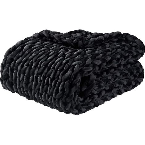 Couverture lestée tricotée main, modèle chunky noir, apaisante et rafraîchissante, grande taille, tissu doux, idéale pour un sommeil réparateur. (1/5)
