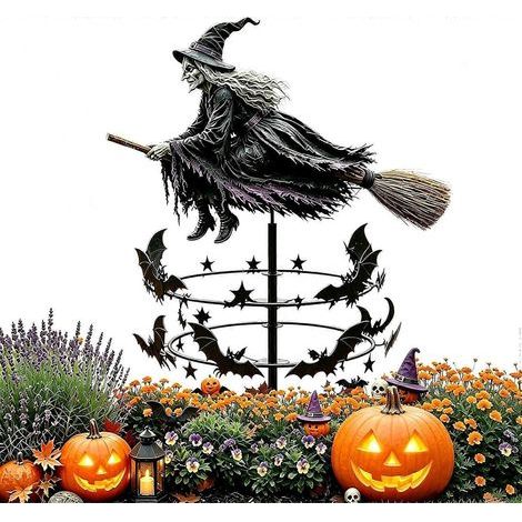 Décorations d'Halloween extérieures en métal pour jardin girouette motif sorcière volante et chauve-souris 1 pièce (1/5)