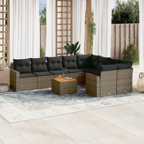 Salon de jardin modulable 10 pcs en résine tressée gris avec plateau en acacia et coussins - PANGIVO (1/3)