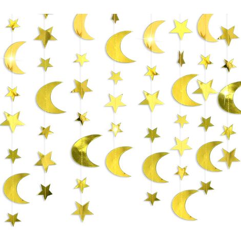 Guirlande Lune Étoile - Décoration Murale Festive en Papier Métallique Double Face - Pour Ramadan Eid Mubarak Anniversaire Fête Bébé - 2 Sets (2 m + 4 m) (1/5)