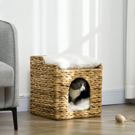 Geflochtene Katzenhöhle aus Wasserhyazinthe mit 2 Ebenen und Kissen, braun, bis 5 kg OKMYHOME (1/5)