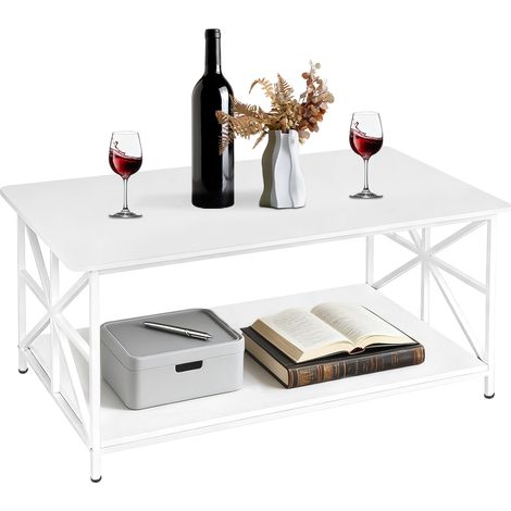 Table Basse, Table de Salon, Buffet Bas, Avec étagères, Cadre en Acier en Forme de X, 100x52x47cm, Style Industriel, Blanc (1/5)