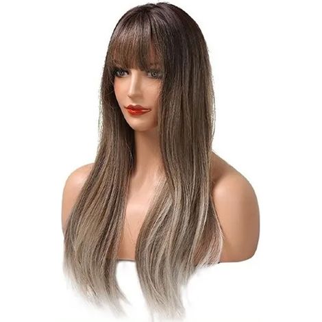 Perruque ondulée longue, dégradé blond doré et brun, en fibres synthétiques, sans colle, avec bonnet ajustable et boucles. (1/5)