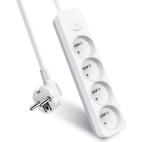 Multiprise 4 Prises avec Interrupteur, 2P+T, Bloc 4 Prises, 3G1,0 mm² 1,5m Rallonge, Sécurité Enfant, Gris et Blanc, 16A 250 V (1/5)