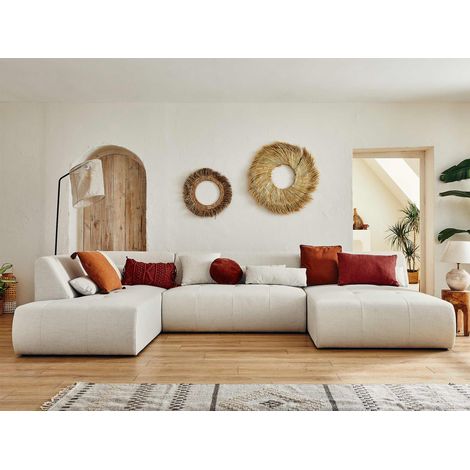 Lisa Design – Canapé d'angle panoramique 7 places – Tissu 100% polyester – Structure bois – Dimensions L334xH75xP198 cm – Coussins décoratifs inclus