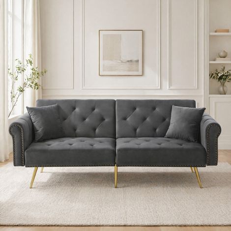Sofá cama de 2 plazas de terciopelo con respaldo ajustable en 3 posiciones, patas metálicas doradas y diseño compacto para espacios pequeños CHICFURN (1/5)