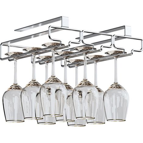 Hanging Glass Rack, Metal Wine Glass Holder, Glass Storage for Under-Cabinet Installation, for Bar, Restaurant, Kitchen (3 Rows, Silver) (1/4)